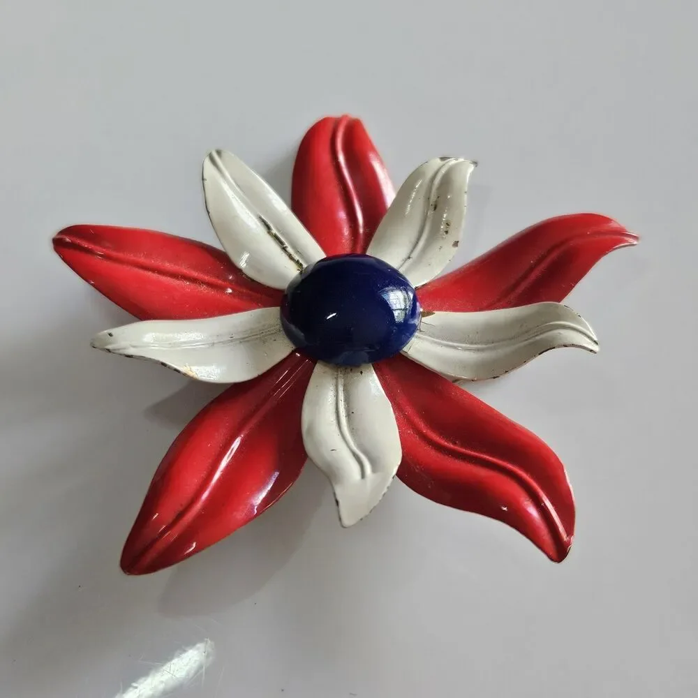 Vintage Large Patriotic Flower Brooch 4th Of July Red White Blue Metal